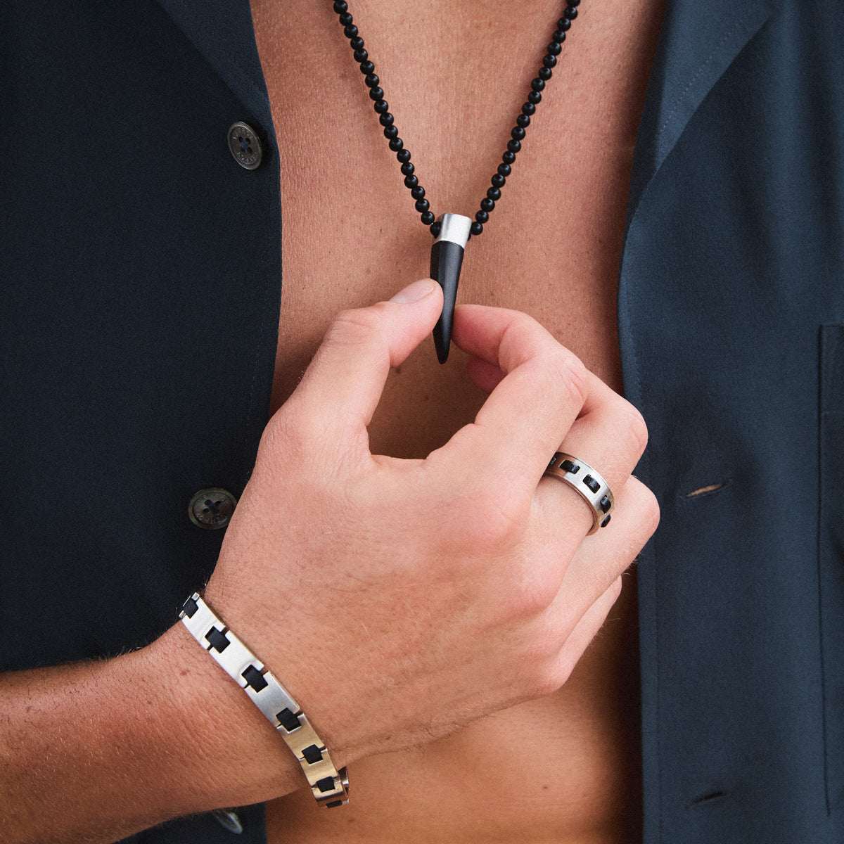 Nomad Men's Steel & Black Agate Necklace