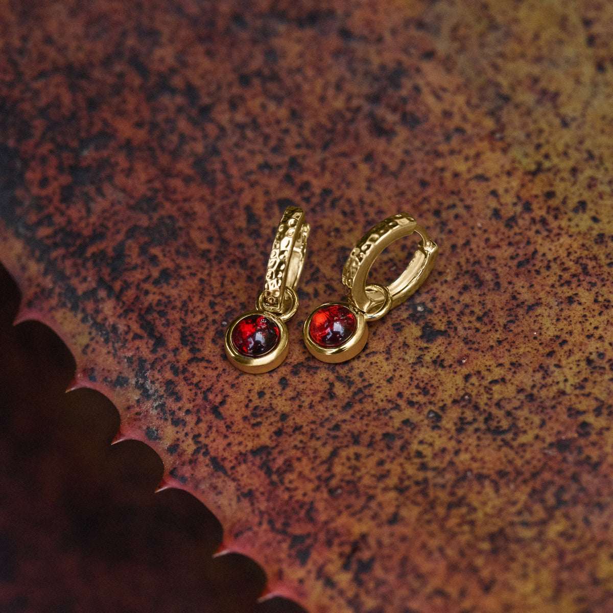 Solace Yellow Gold Garnet Huggie Earrings