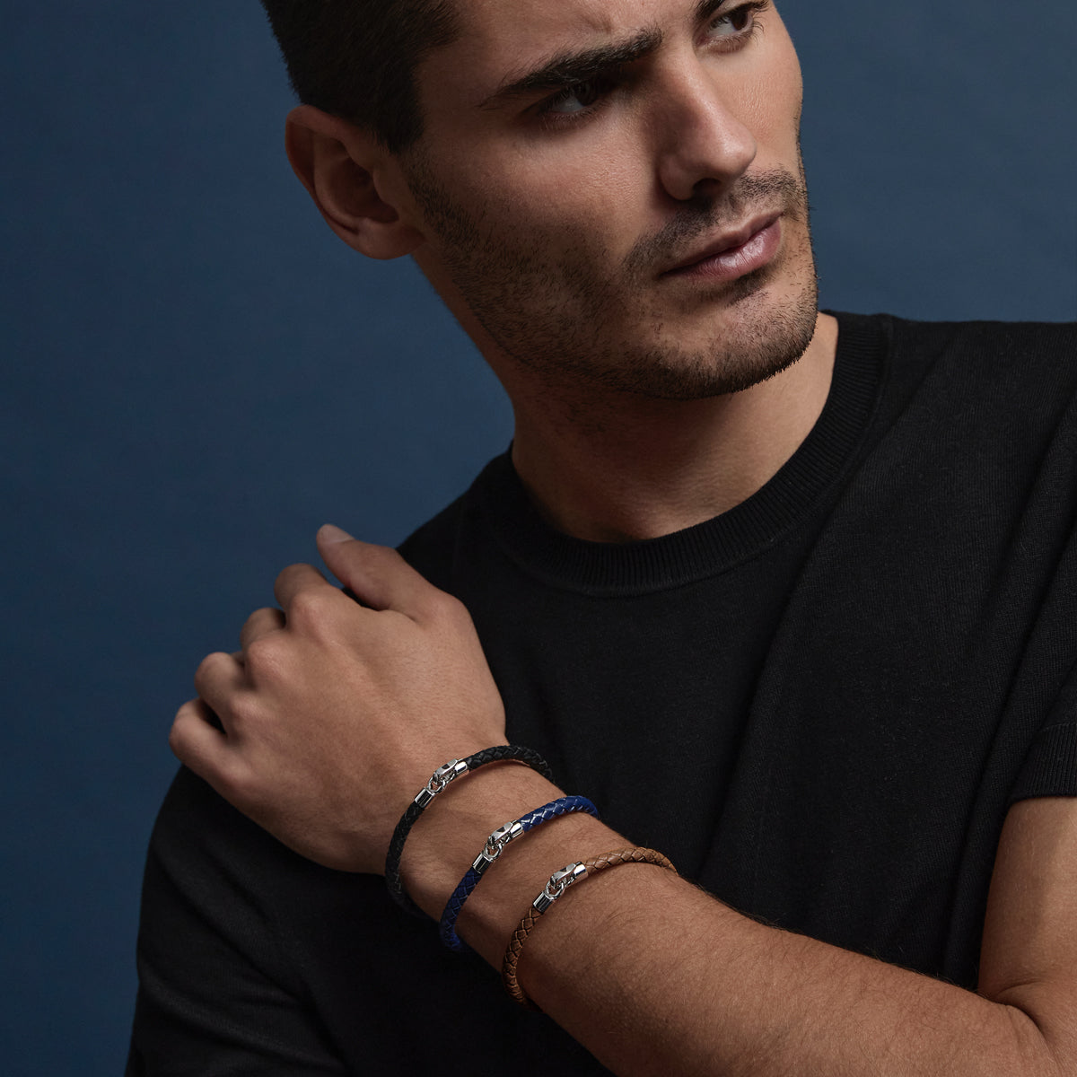 The Mariner Men’s Navy Plaited Leather and Steel Bracelet