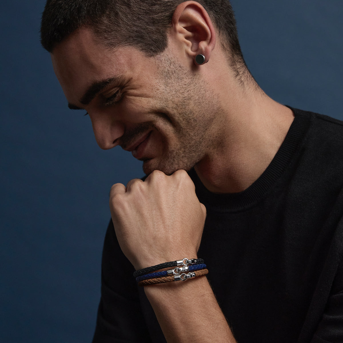 The Mariner Men’s Navy Plaited Leather and Steel Bracelet